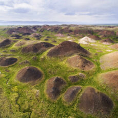 Aerial view of Vatnsdalsholar, the area of uncountable hills as a result of a massive landslide long ago, north Iceland.